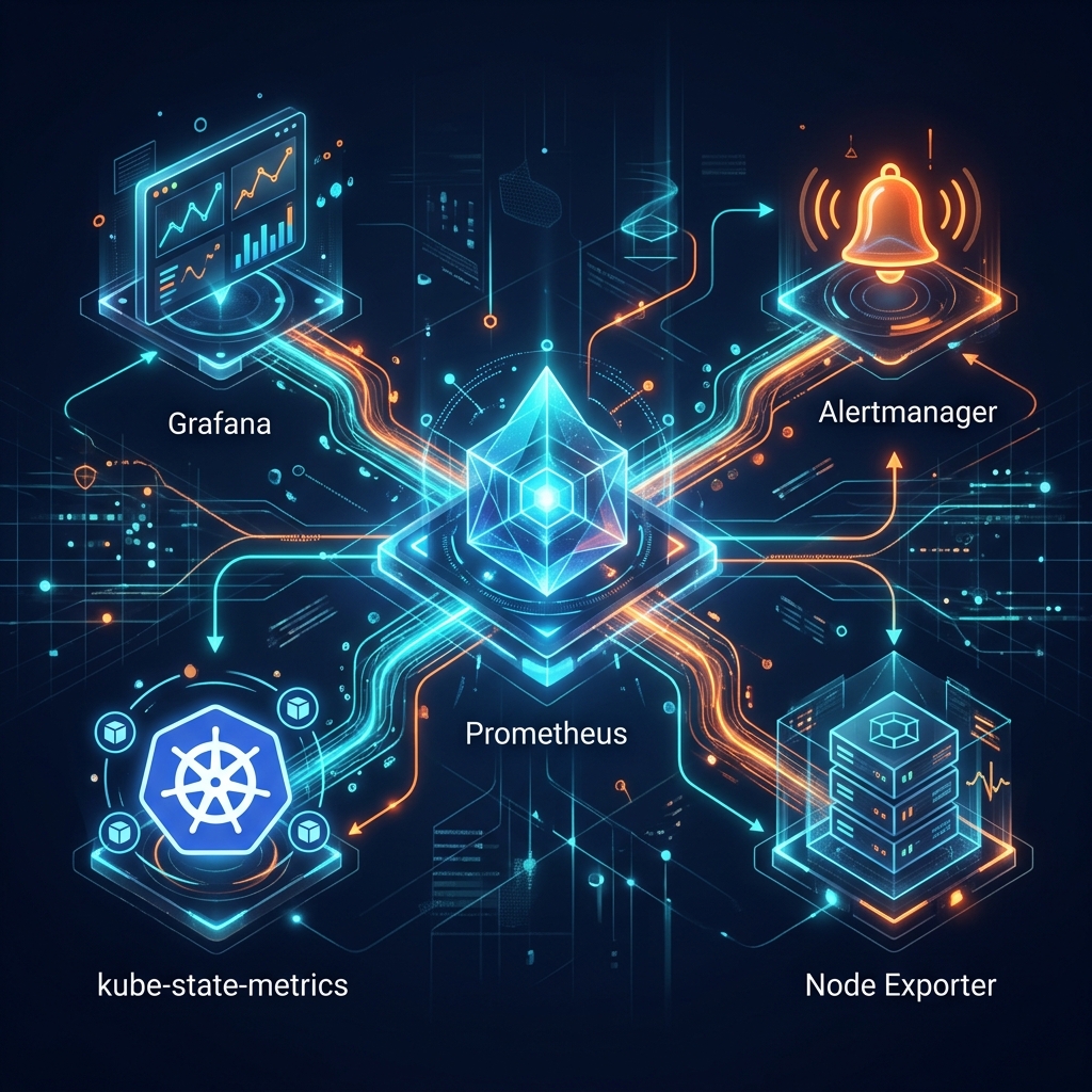 Kube Prometheus Stack architectuurdiagram dat de datastroom toont van metricexporters via Prometheus naar Grafana-dashboards